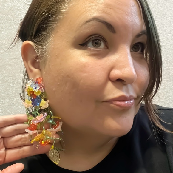 Beaded Flower Waterfall Statement Earrings - Picture 3 of 6